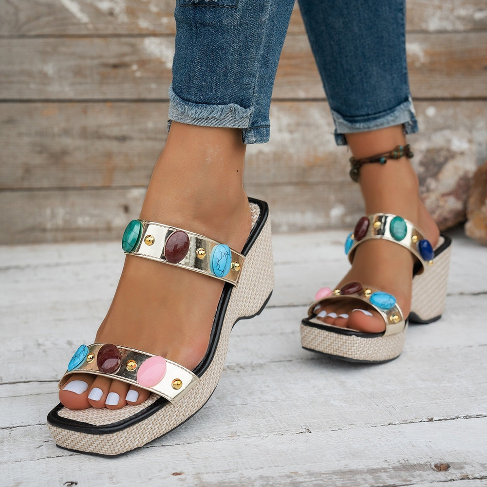 wedge open-toe sandals  summer new arrivalsexy gem-embellished plaid women's high-heeled sandals