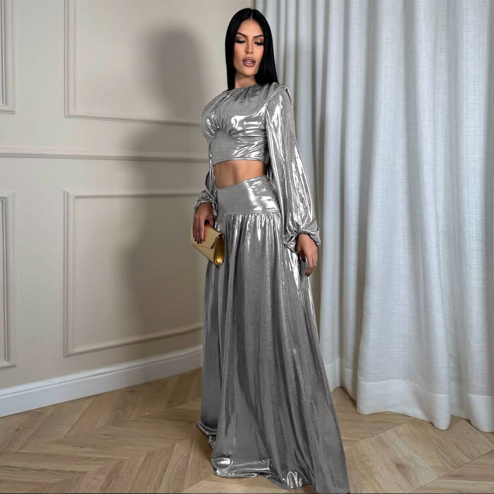 K10968 european and american foreign trade women's clothing  new round neck lantern sleeve sexy waist large swing skirt suit
