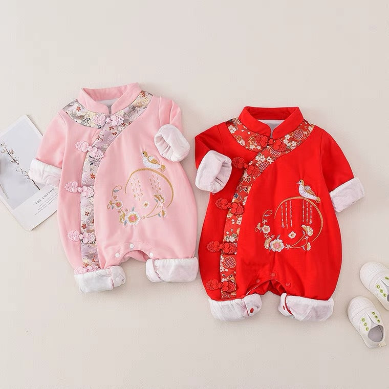 Spring & fall baby girl new arrivallong sleeves chinese style double layer khaki full moon tang suit style newbornembroider jumpsuit
