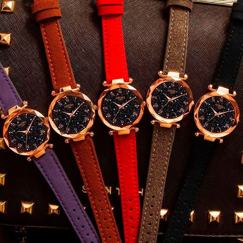 New wholesale women's watches, fashionable and trendy digital face ladies' student starry sky dial quartz wristwatch with leather strap