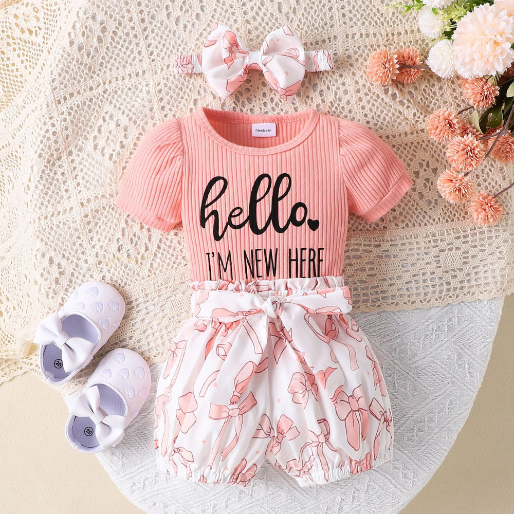 Children's clothingletterprinting short-sleeved khaki + printing pattern shortssuit headband three pieces