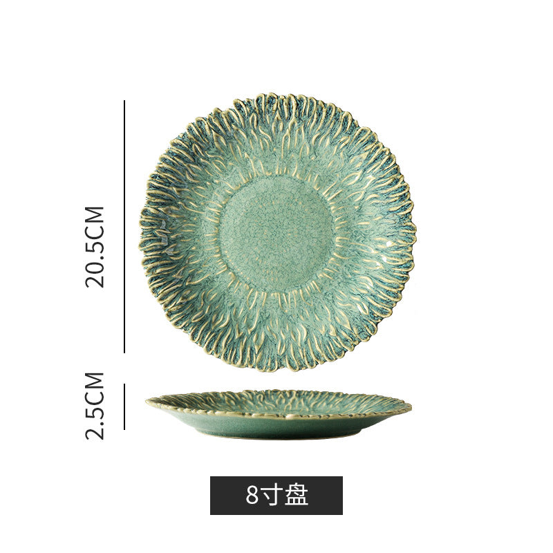 Kiln-turned retro style grids ceramic flower plate creative for home sunflower plate fruit salad plate japanese style plate