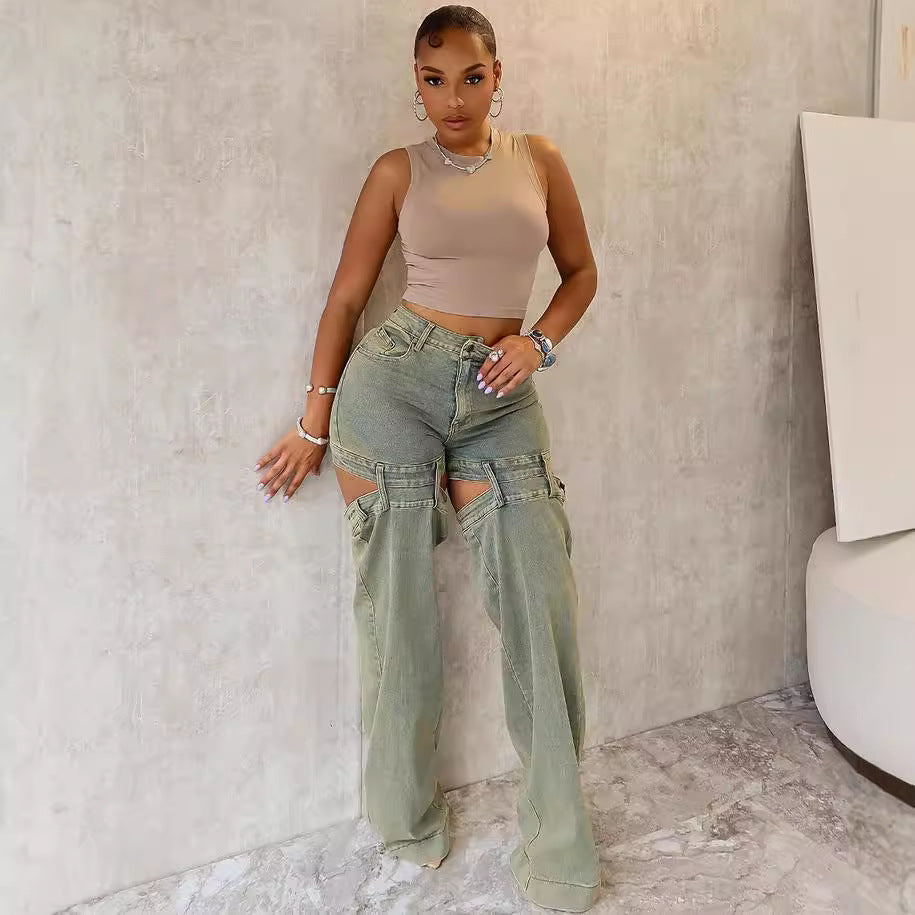 European and american style straight-leg jeans -  cross-border women's fashion streetwear vintage washed cutout wide-leg pants