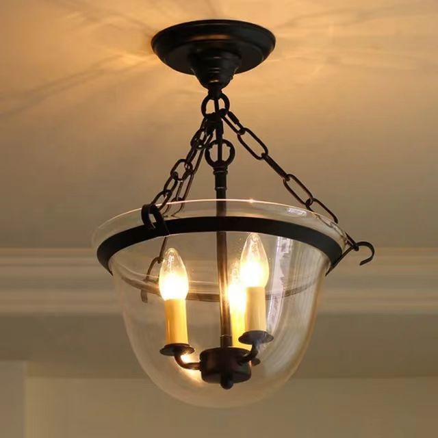 American country retro glass cover black iron chain ceiling lamp loft cafe aisle cloakroom
