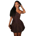 European and american style women's foreign trade dress - elegant asymmetrical one-shoulder solid color a-line skirt, slant neck sleeveless ruffle trim mini dress