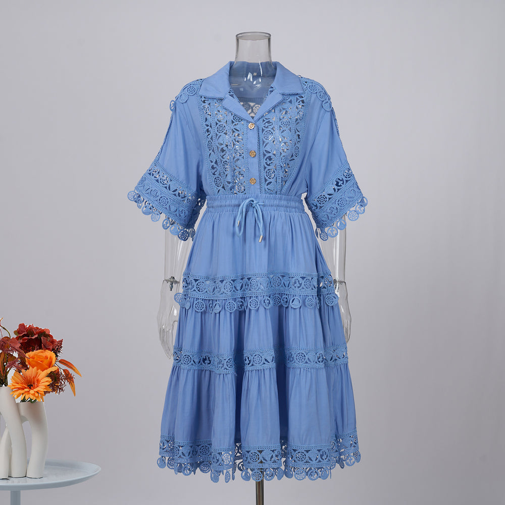 Fashionexportfrench palace style lacecut out crochet shorttopshigh waistlacepatchwork skirtsuit