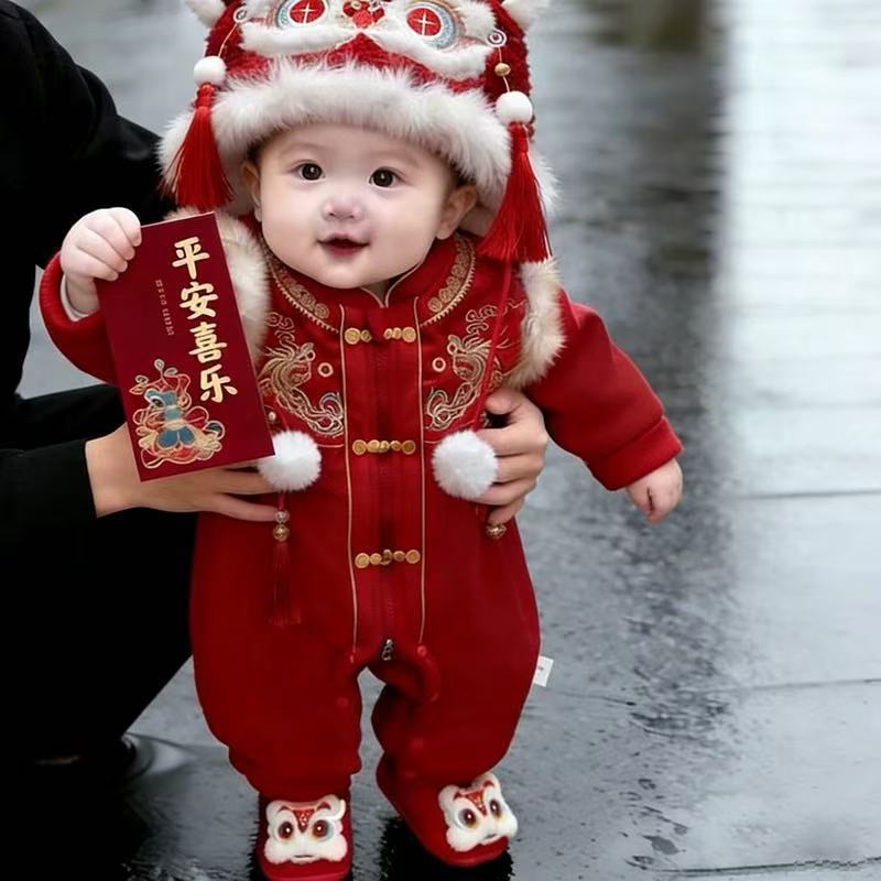 New year's greetings winter first birthday 100 days baby dress baby jumpsuit new year's day festive clothes trendy hooded