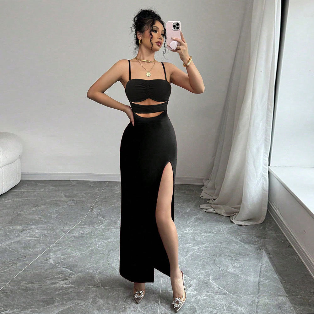 new european and american style women's hollow-out sexy cami dress - summer minimalist black party maxi dress
