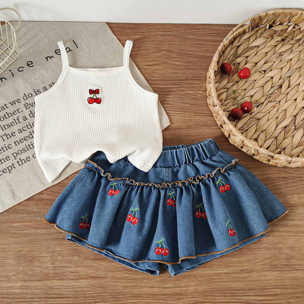 new summer cross-border ruffle trim crew neck top & heavy-duty denim beaded skort set (two-piece)