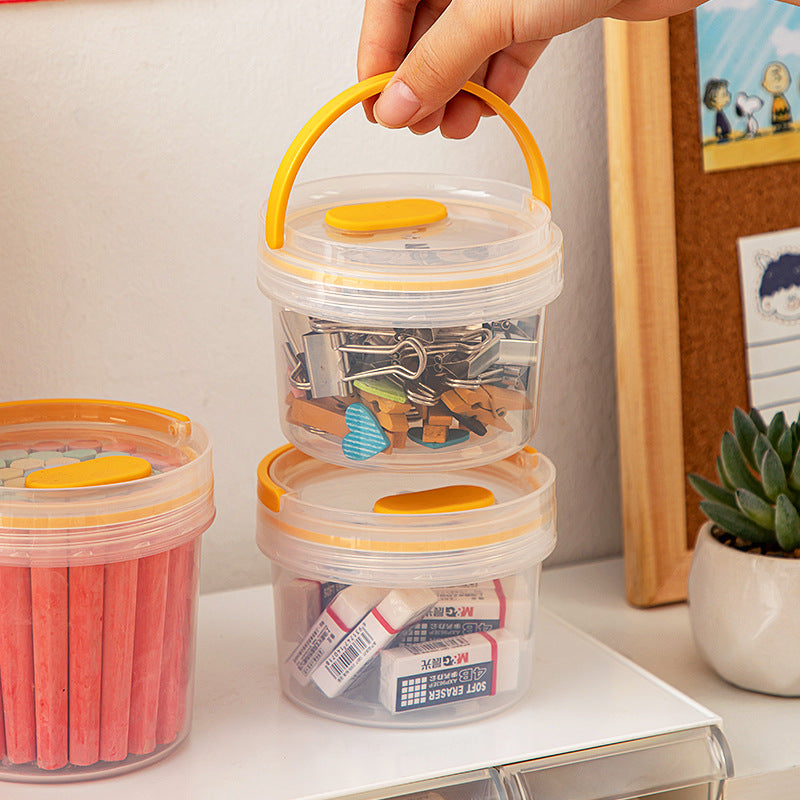 Desktop round handheld pen holder storage box with lid transparent plastic multi-functional desk sundries stationery storage box