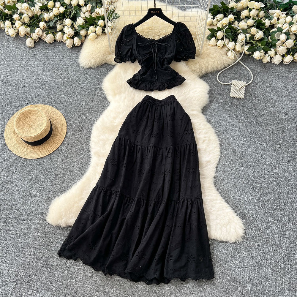 French chic outfit: women's cinched-waist square neck puff sleeve blouse with high-waisted cutout embroidered midi skirt - perfect for vacation