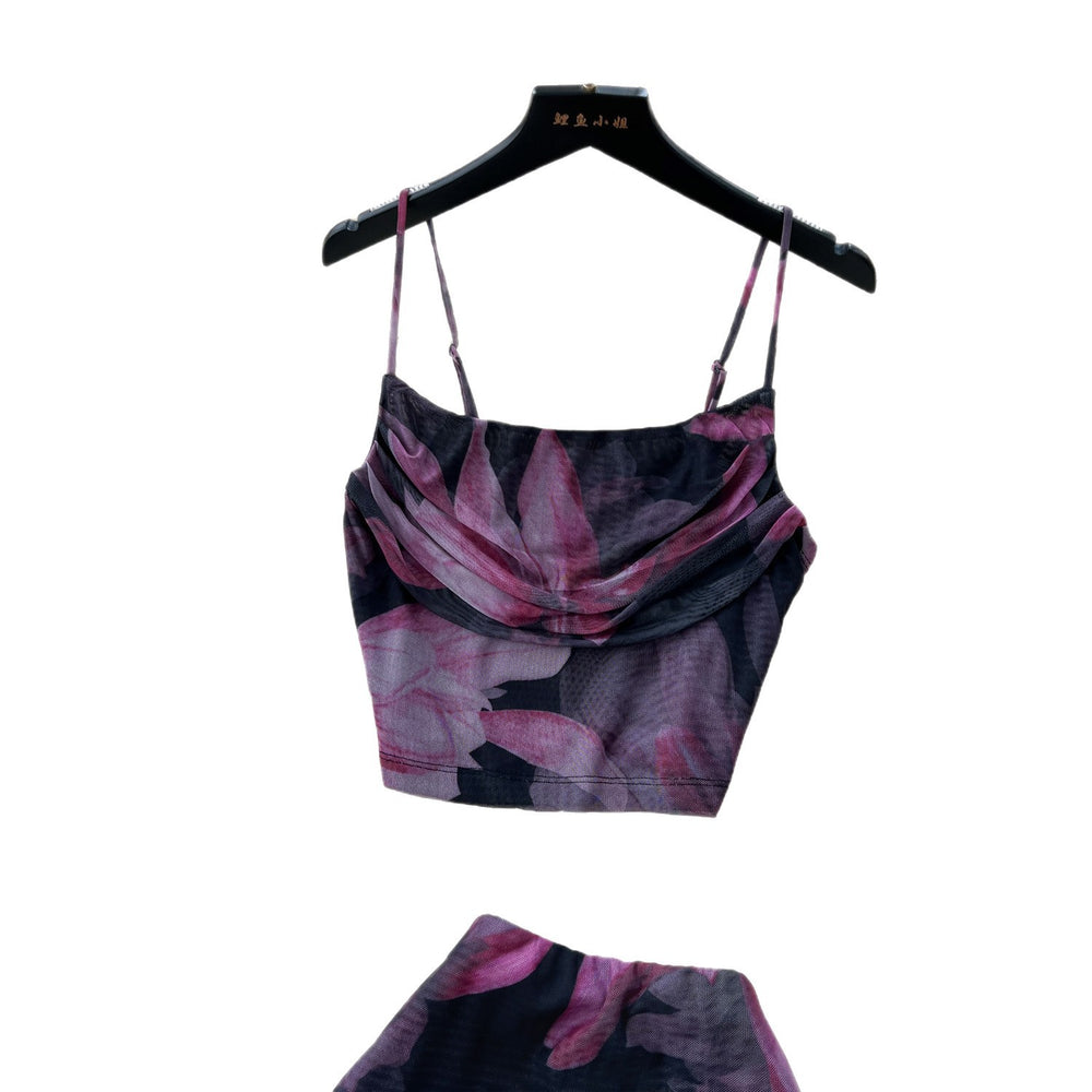 Pure desire suit women's summer classy swing collar suspender printing vest high waist hip cover skirt vacation two-piece set