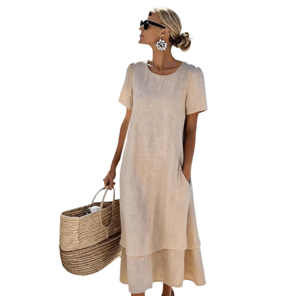 european and american cross-border  women's spring/summer vacation casual double-layer design round neck short sleeve dress