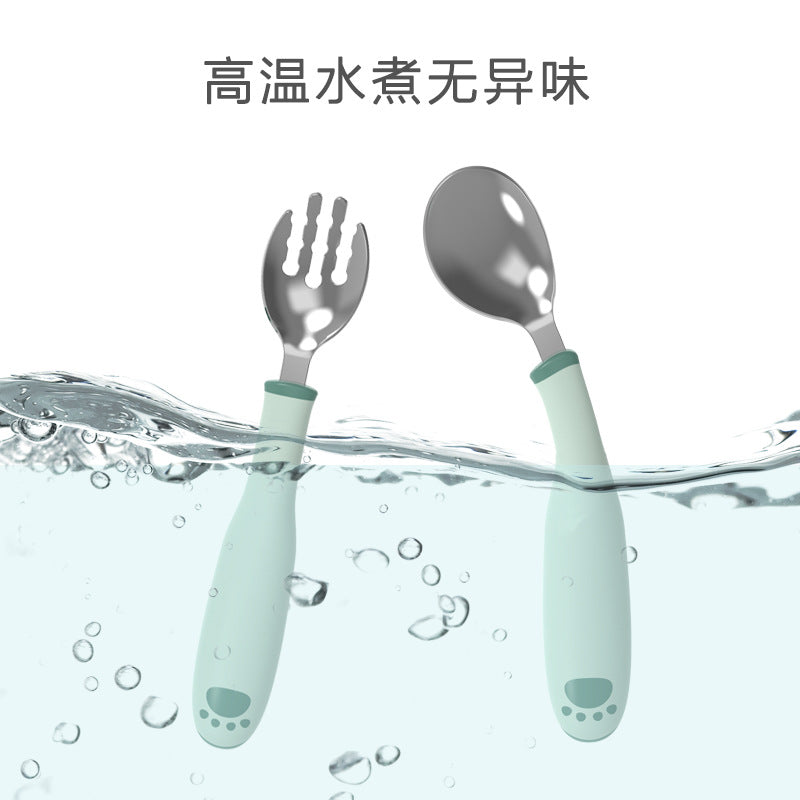 Private label custom stainless steel fork and spoon set - baby bendable training fork and spoon feeding set for weaning and learning to eat