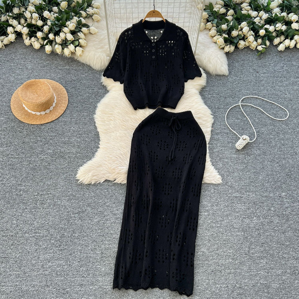 Cut out age reduction suit female k-stylefashionlooseeasiest for match lapel short-sleeved knittingtopshigh waist silm skirt