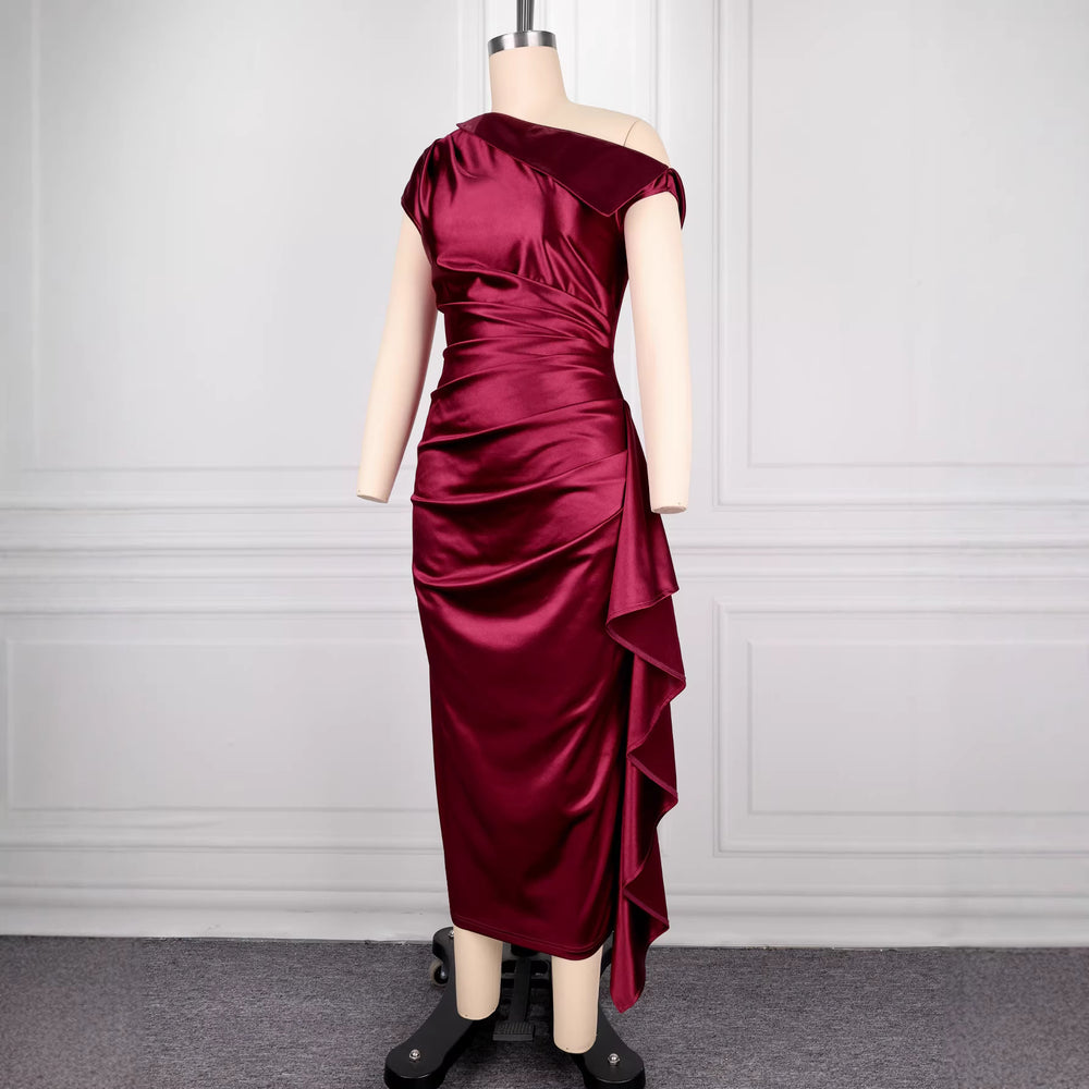 Burgundy slimming bodycon mini dress - one-shoulder high-waisted satin ruffle hem party dress