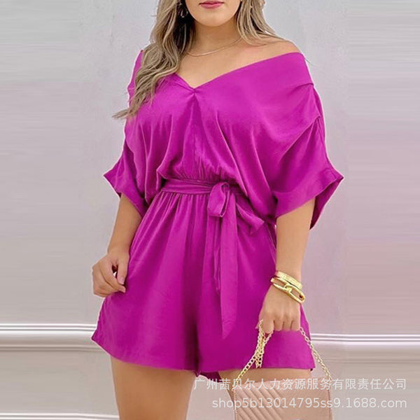 Temperament Women's 2022 European and American Women's Clothing Rose Red Off-Shoulder Belt Jumpsuit