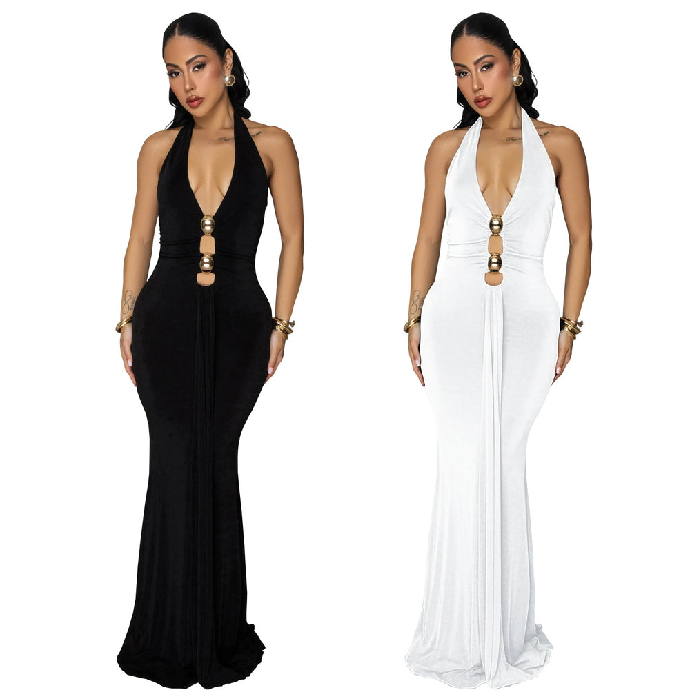 C7599 cross-border   fashion women's sexy backless halter deep v solid color dress