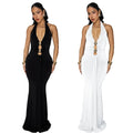 C7599 cross-border   fashion women's sexy backless halter deep v solid color dress