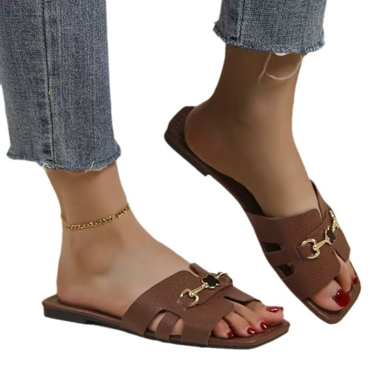 European and American large size outer wear rhinestone metal buckle square head flat bottom slippers women's 2024  summer new sandals slippers