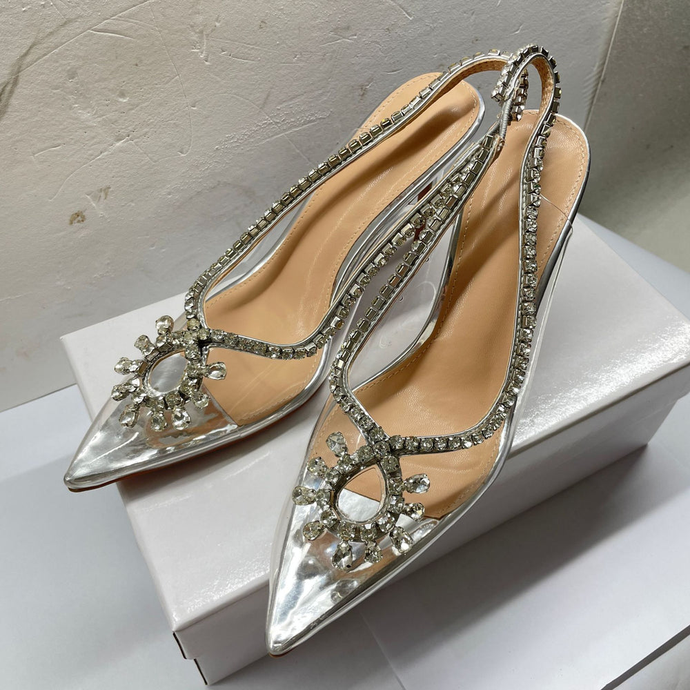 Transparent one-line high-heeled sandals niche style back empty toe high-heeled shoes women's stiletto pointed toe fashion super high heels