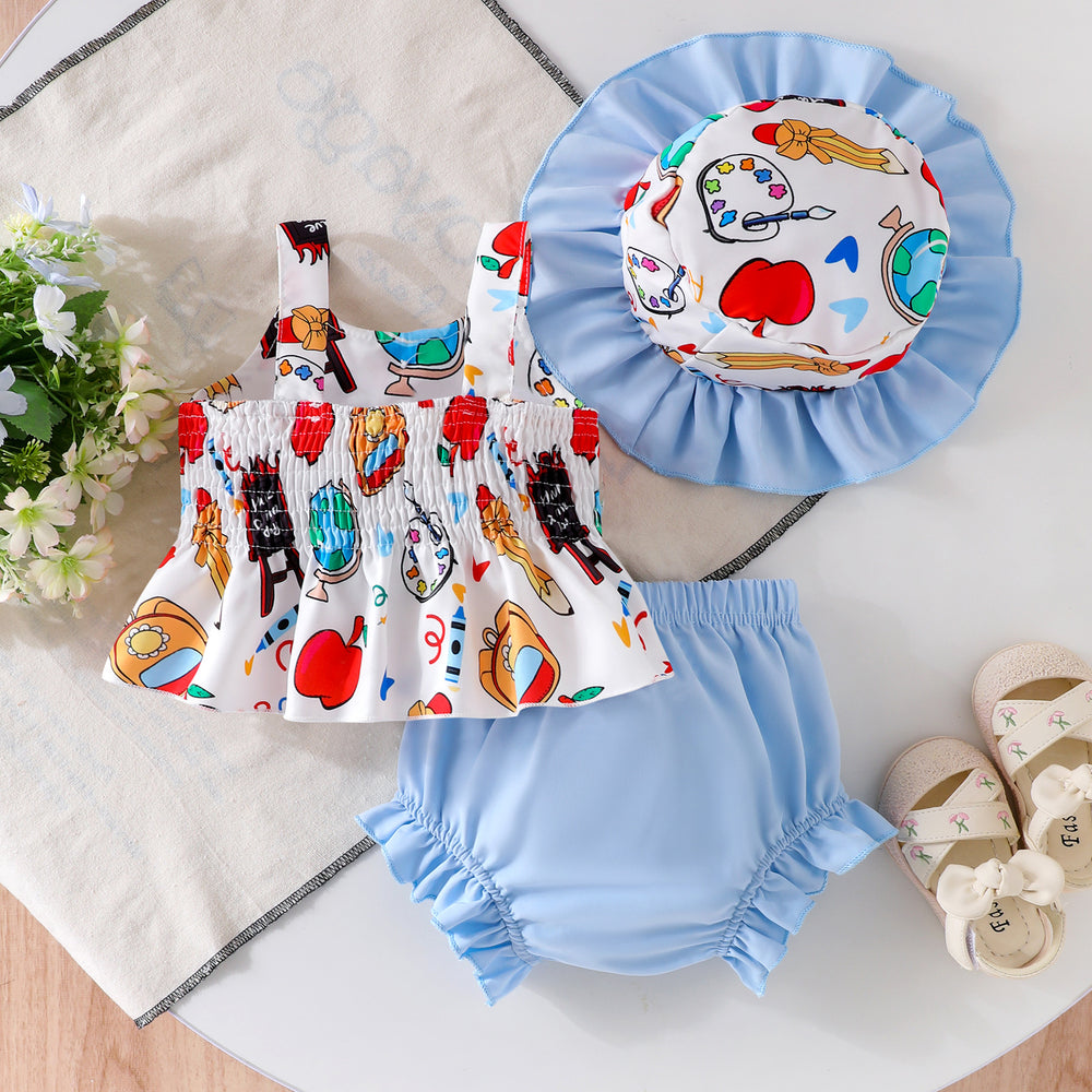 Children's clothing cross-border european and american girl suspender tops+shorts+hat baby children's clothing