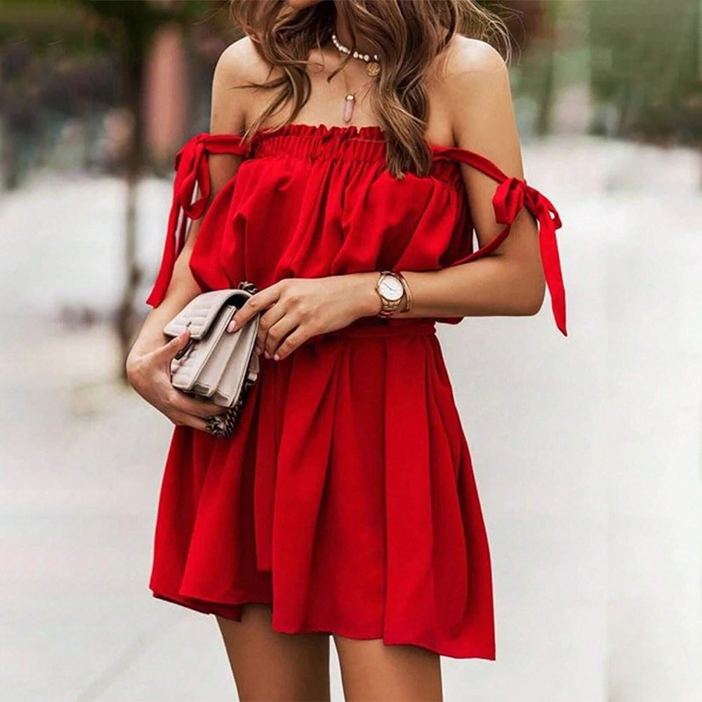 European and American  women's clothing sexy wind one-word collar sleeveless dress spring new high-waisted pleated pullover suspender skirt