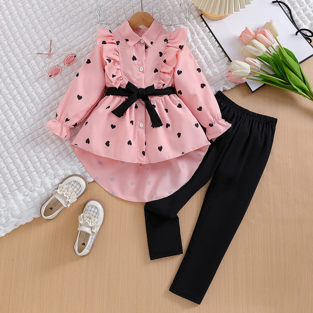 children's wear cross-border autumn new arrivals: girls' fashionable longline shirt dress with belt and leggings set