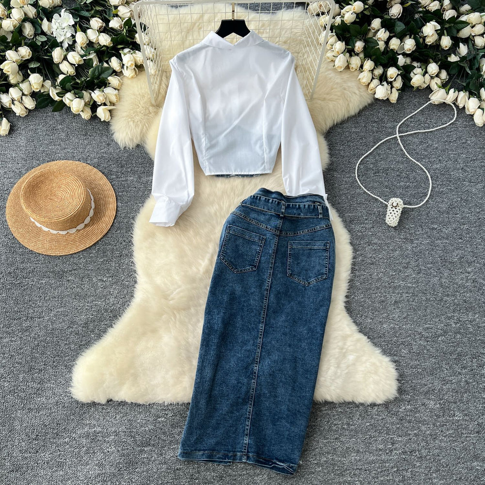 Korean style goddess look fashion patchwork faux two-piece long sleeve shirt with belted waist denim midi skirt two-piece set