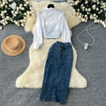 Korean style goddess look fashion patchwork faux two-piece long sleeve shirt with belted waist denim midi skirt two-piece set