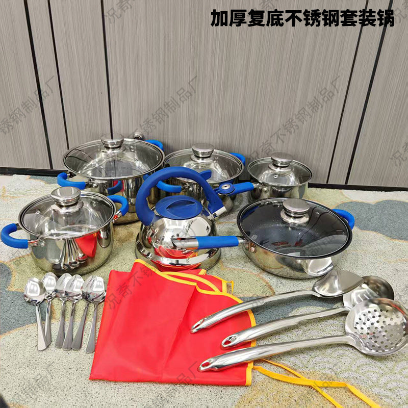 Export russian suit pot for home multi-bottom stainless steel 22-piece pot suit with silicone handle soup pot frying pan