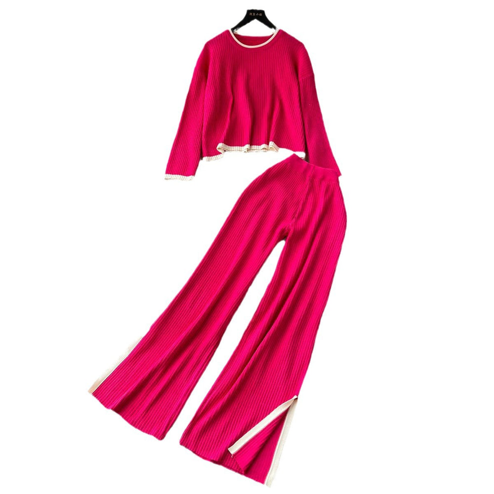 Hong kong style retrofashioncasualloose round neck long sleevesknitting shirttopstwo-piece set women's high waistcontrast color side pants