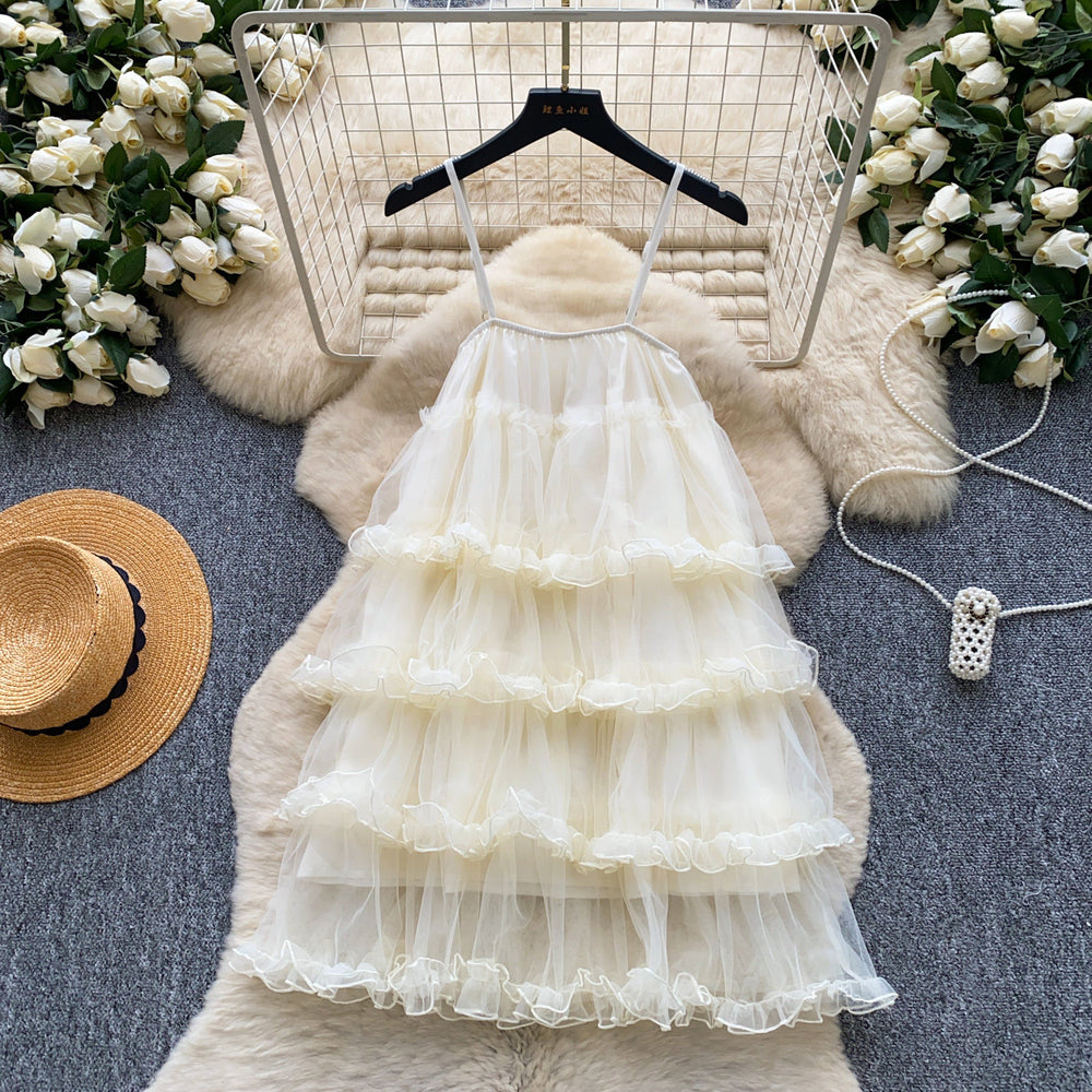 Qianjinfeng cake skirt suspender dress for women summer heavy industry fungus edge multi-layered ruffles age-reducing fairy dress