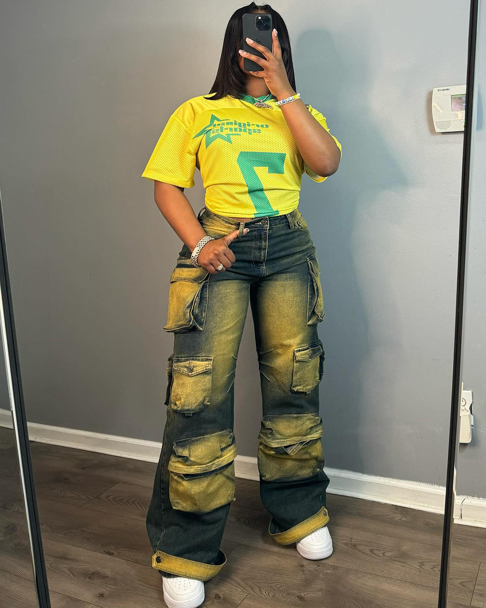 European and american style straight-leg jeans  cross-border women's clothing trendystylish multi-pocket hanging dye high waist overalls