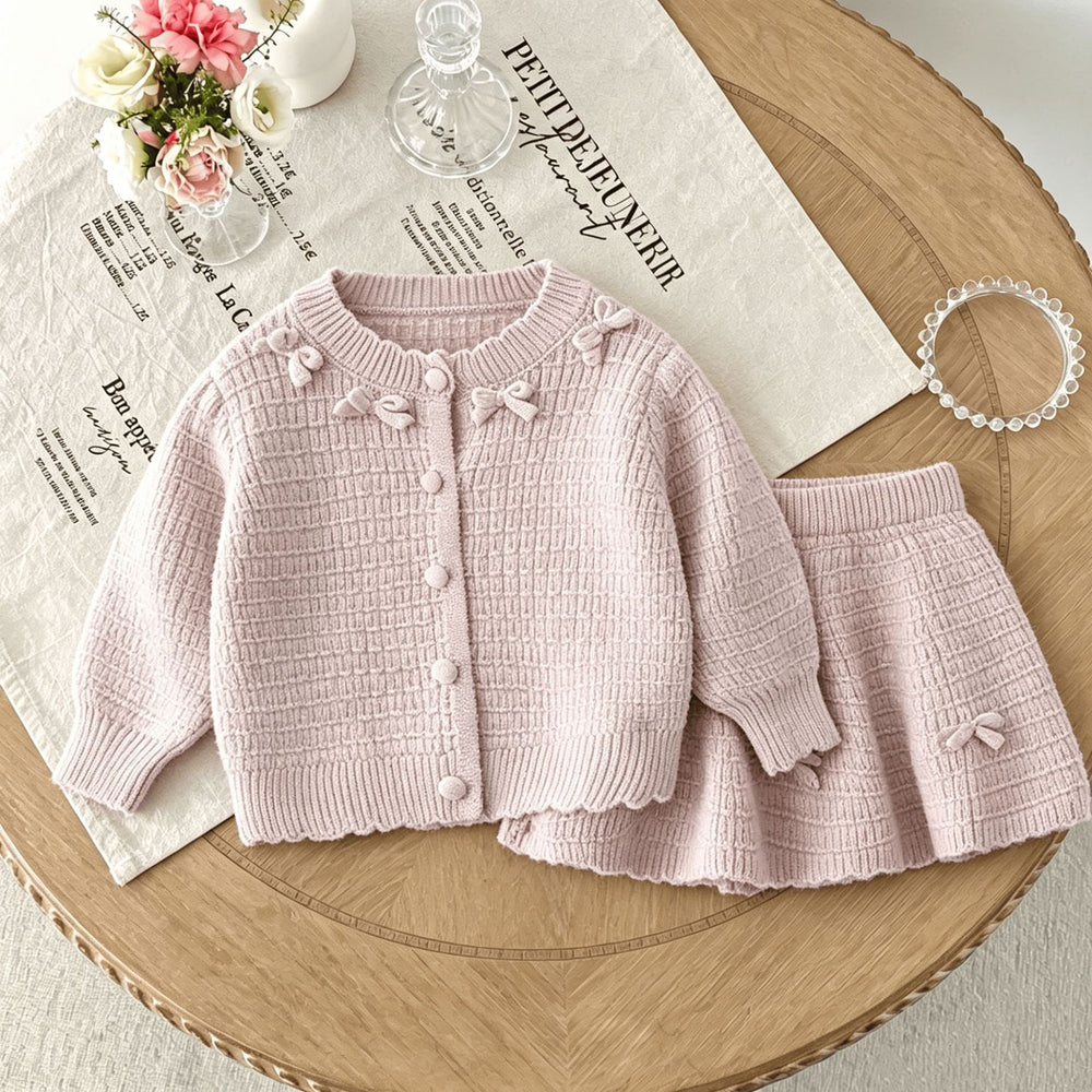 Girls' autumn outfit : new sweet bow knitted sweater and skirt two-piece set for kids