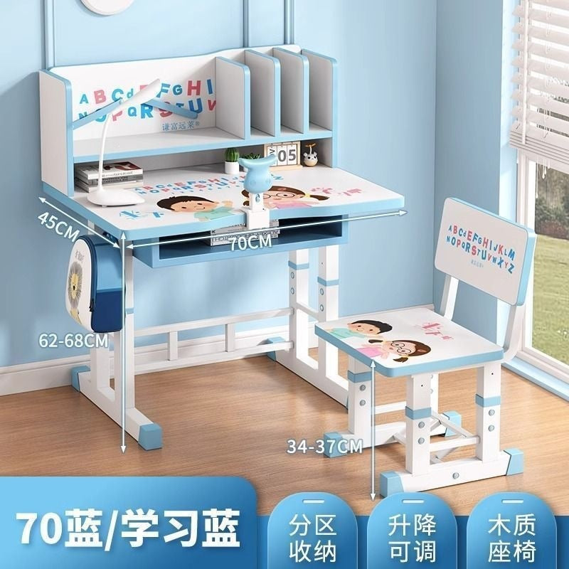 Student home desk set - kids' study table with bookshelf, adjustable height, storage, and chair combination