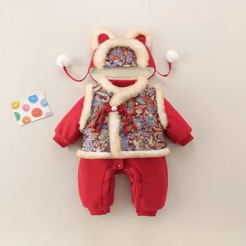 Winter girls' new year's outfit: new chinese style children's red fleece-lined thickened traditional tang suit set for the lunar new year