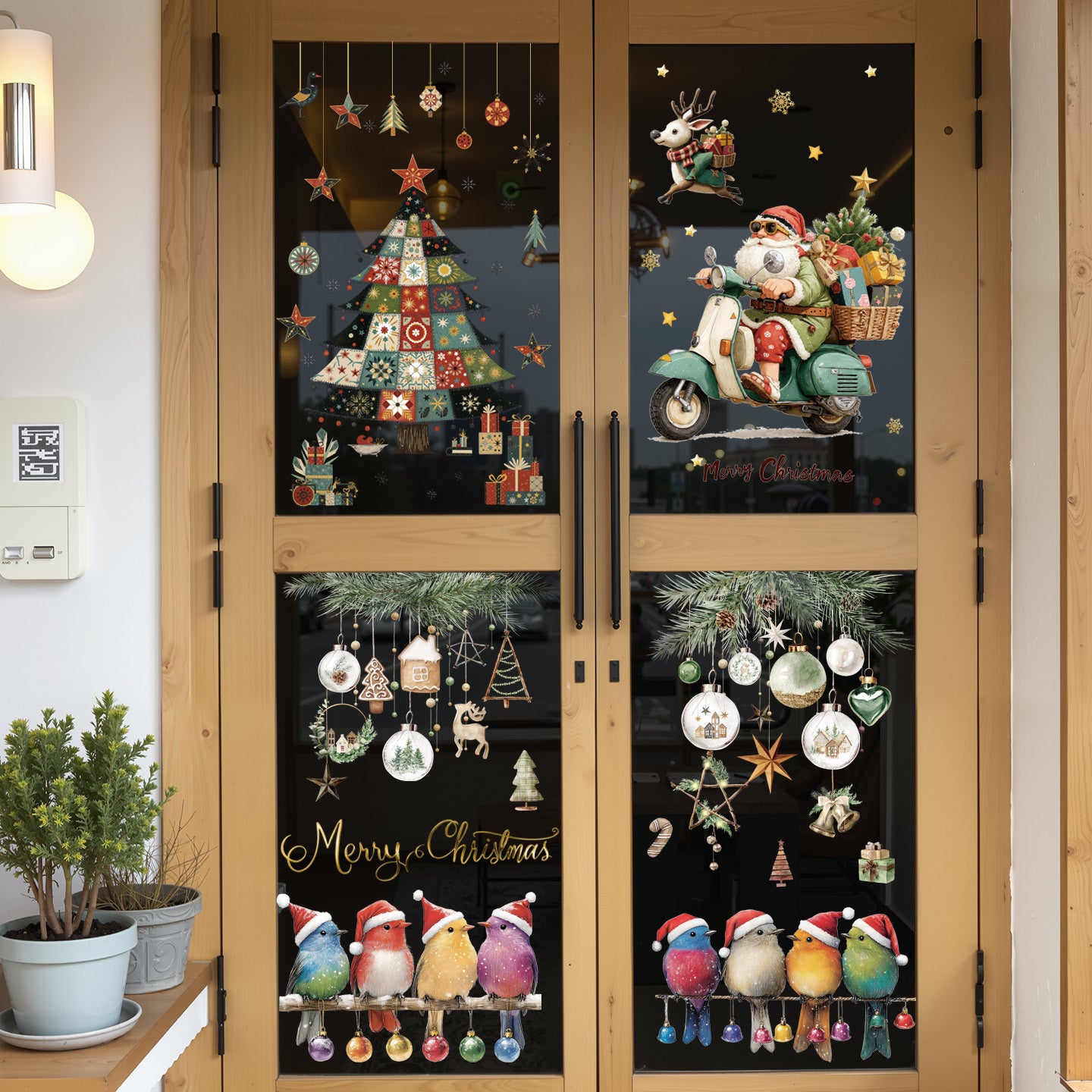 2026 Christmas static glass window sticker Christmas tree gift box star decoration sticker lights pine branch bird sticker