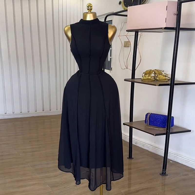European and american cross-border women's fashion  summer new arrival: elegant semi-high neck sleeveless high-waisted a-line black tank dress