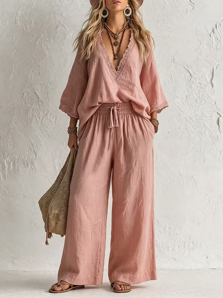 European and american cross-border e-commerce women's new bohemian style lace-trimmed v-neck top and wide-leg pants two-piece set