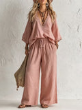 European and american cross-border e-commerce women's new bohemian style lace-trimmed v-neck top and wide-leg pants two-piece set