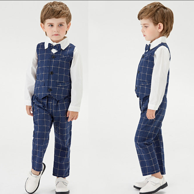 Export spring and summer children's clothing kids performance dress vest plaid suit long sleeves shirt suit boys first birthday dress