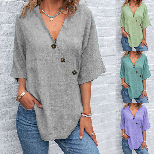 's new 2025  women's shirt  top v-neck solid color linen shirt