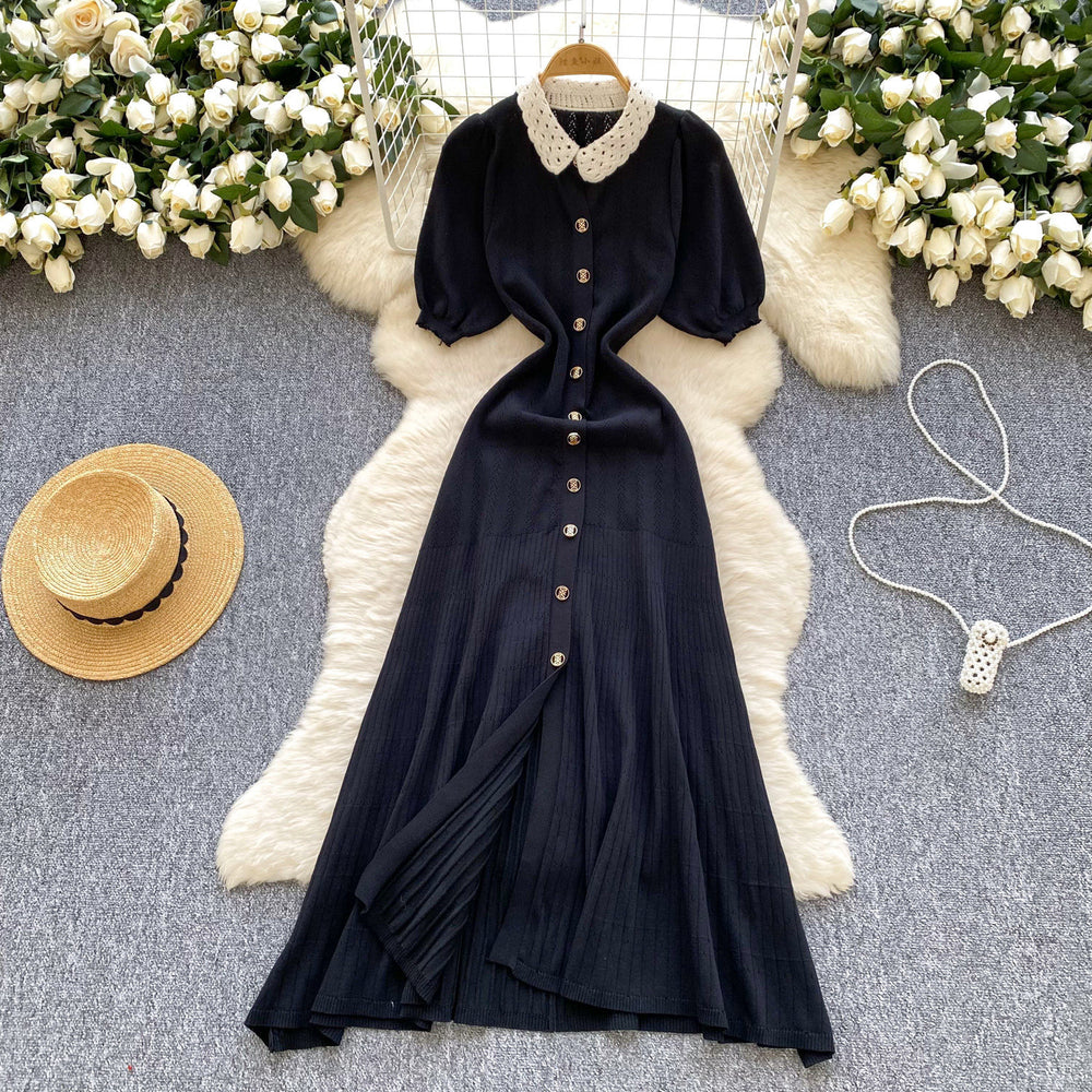 French chic knitted dress - women's summer single-breasted pleated design, elegant, unique, and sophisticated maxi dress