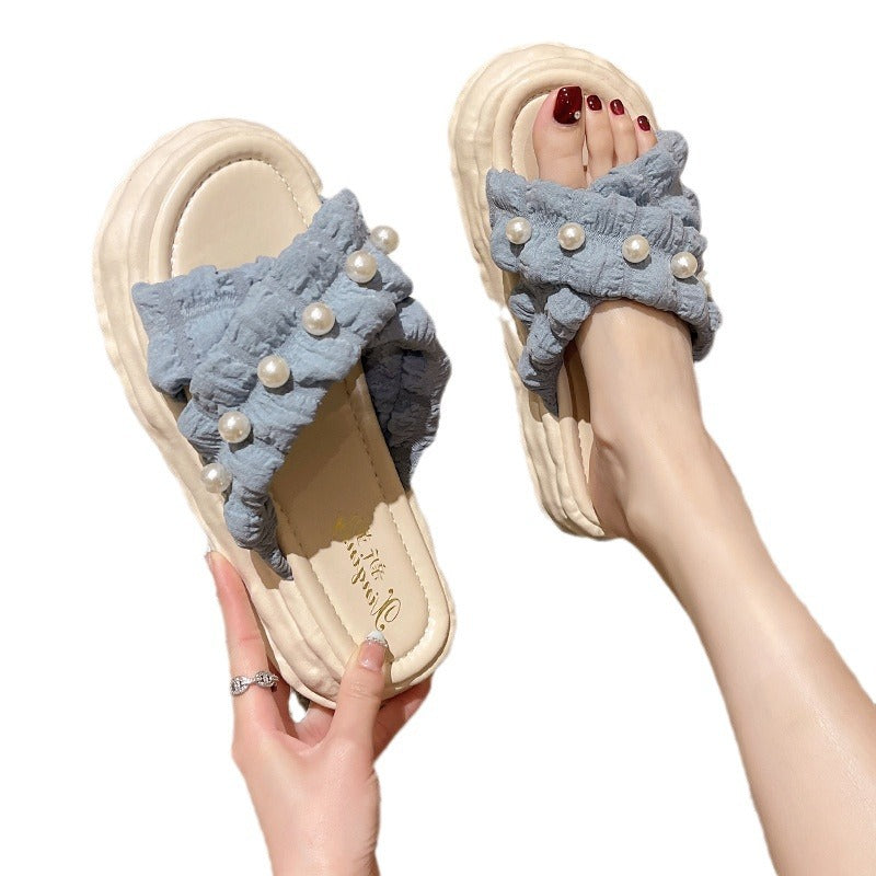2026 new fairy style platform chunky sole dissolving shoes beach sandals ins pearl slides women's outdoor wear