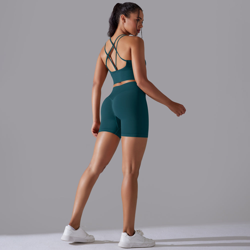 fashion seamless pure color cross back sports bra vest yoga suit running fitness three-piece set