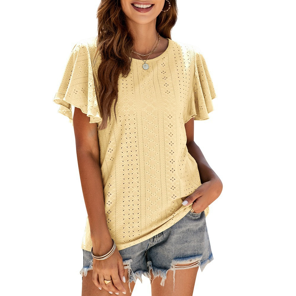 summer new arrival: cross-border european & american women's apparel -  style ladies' top - cutout waist, ruffle sleeve, casual t-shirt