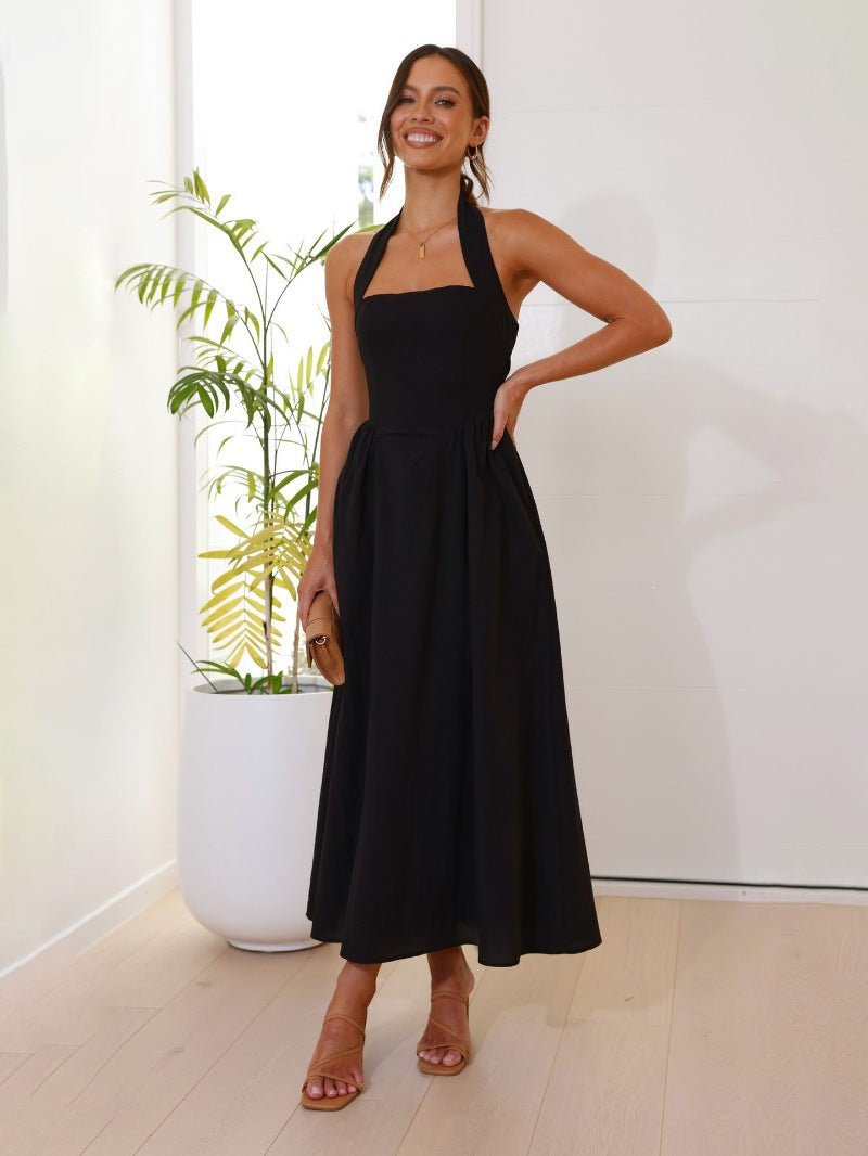 Fashion cross-border foreign trade   new elegant women's pure color square collar waist halter backless dress