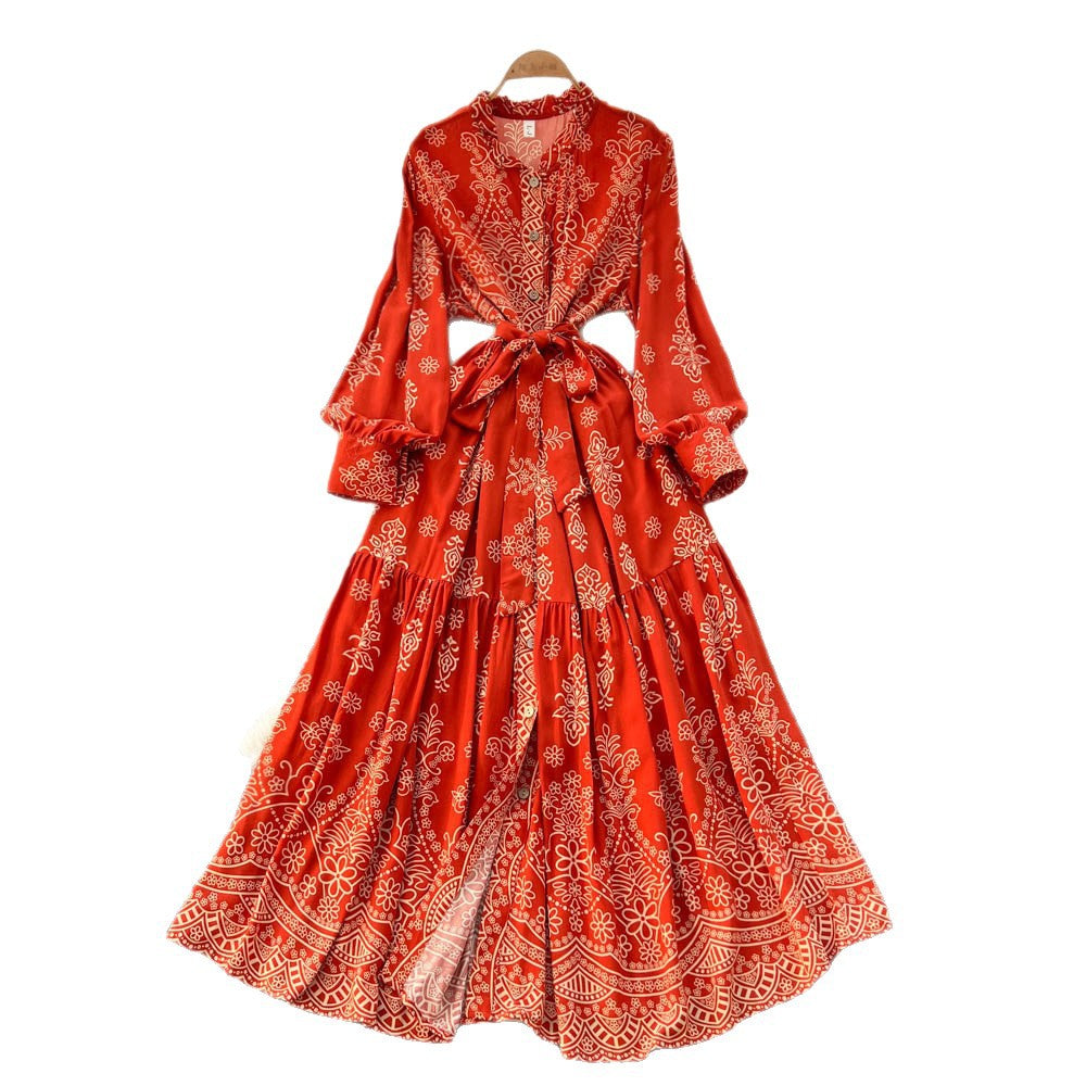 Vintage print ruffle collar tie-waist a-line maxi dress - long sleeve, slimming, and perfect for work