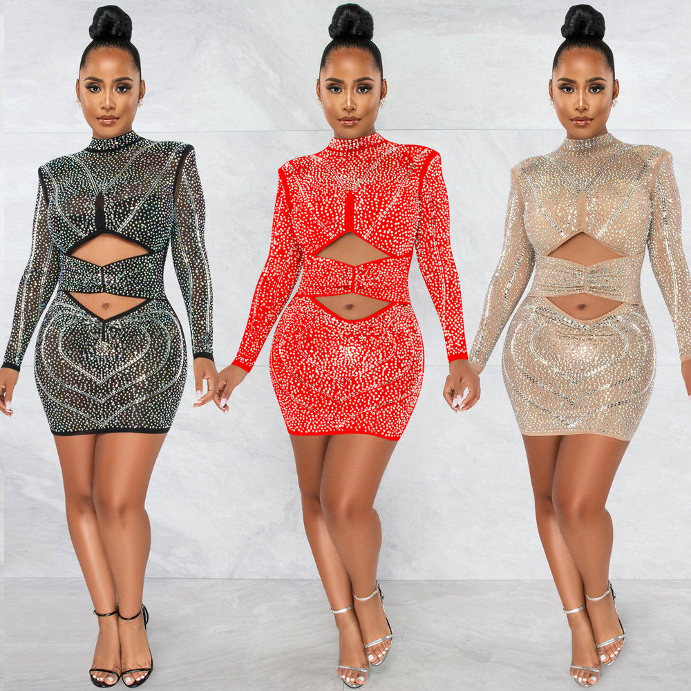 X5572   fashion sexy nightclub rhinestone mesh see-through long sleeve hollow-out midi dress